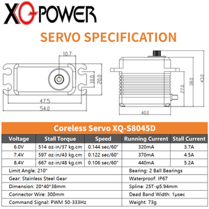 Motor Digital Impermeable sin Núcleo RC XQ-S8045D, 37-48kg-cm, Engranaje de Acero Inoxidable, Escala 1/8 1/12 1/5 RC - Product Image 6