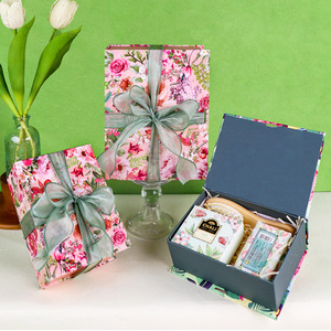 Floral Rigid <b>Gift</b> Box With Ribbon <b>Bow</b> For Cosmetic Packaging Custom OEM Die Cut Printing - Product Image 1