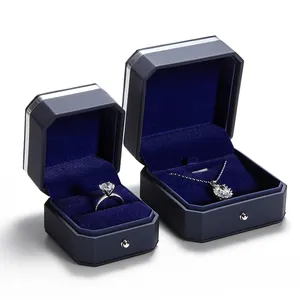 高档挂件盒蓝色毡PU皮革八角带棉金属带金色标志1层珠宝包装盒
