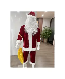 Kostum Santa Claus dewasa, setelan mewah ayah, pakaian mewah, properti Cosplay Natal, mantel celana pria, Set sabuk jenggot, topi Natal