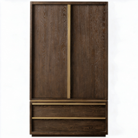 Armoire coulissante moderne minimaliste en bois massif avec 2 tiroirs, panneau plat, grain de chêne vieilli, armoires de chambre autoportantes