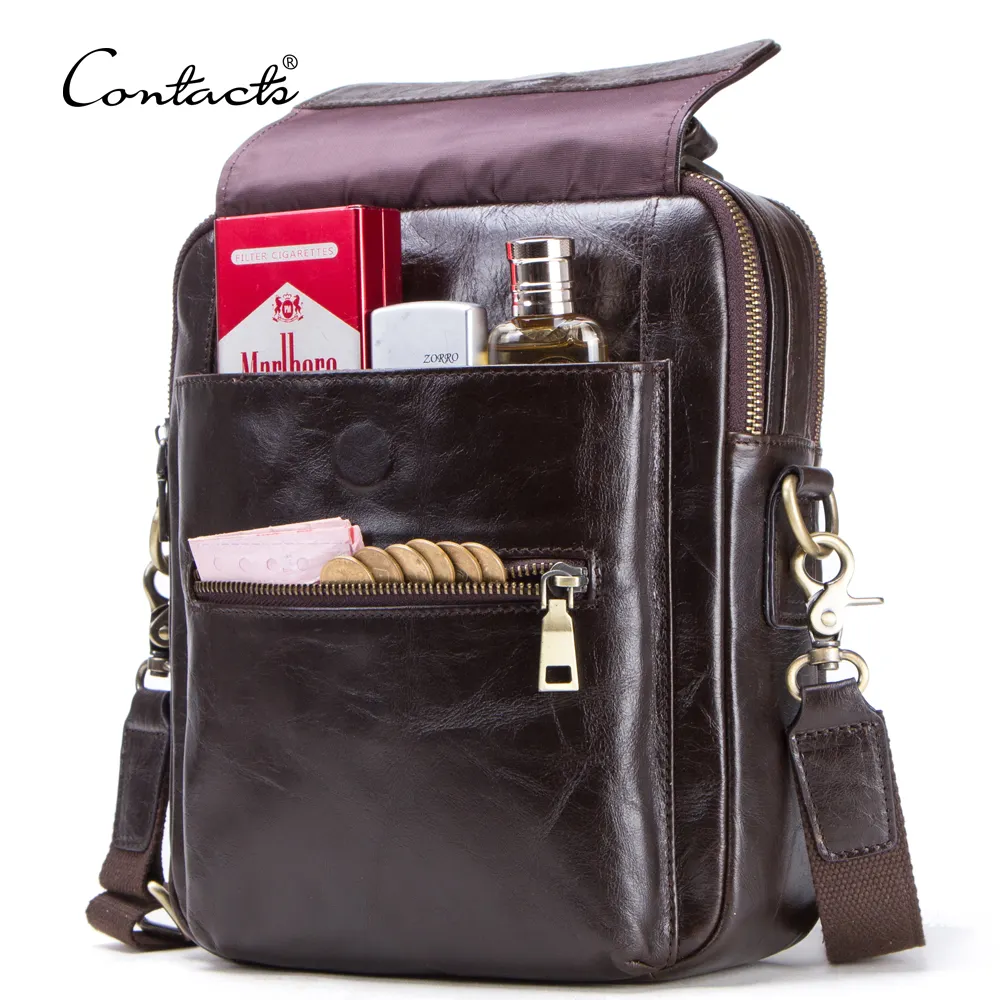 contact's dropship wholesale vintage bag fashion waterproof multi zipper pockets 9.7 inch laptop leather messenger bag men