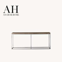 Table console haut de gamme scandinave tressée avec cadre en métal chromé, séparateur central et deux compartiments ouverts pour entrée, personnalisable OEM/ODM