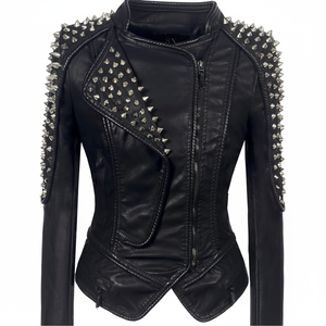 Chaqueta motorista de piel sintética con cremallera asimétrica estilo Punk para mujer personalizada perfectamente moldeada estilo informal Punk remaches tachuelas exterior PU - Product Image 1