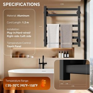 Apordrouca Chauffe-serviettes électrique mural 6 barres avec minuterie et contrôle de température, à brancher directement, design moderne noir - Product Image 2
