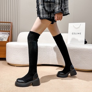 Bottines en daim style coréen élastiques et fines <span class=keywords><strong>pour</strong></span> femmes de petite taille, printemps automne 2023, nouvelles bottes mi-<span class=keywords><strong>mollet</strong></span> à semelle épaisse et bout carré - Product Image 2