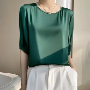2023 New Fashion Long-Sleeve Women Blouse T-Shirt Plus Size Lady Tops Artificial Silk O-Neck Women's Shirts