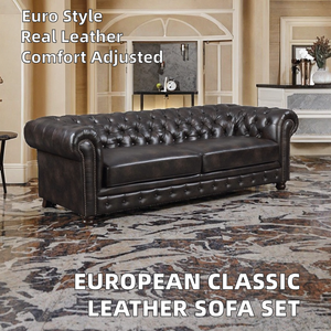 Juego de Sofás de Dos Plazas Estilo Clásico Europeo, Muebles de Cuero PU Genuino con Estructura de Madera Sólida, Sofá Chesterfield - Product Image 2