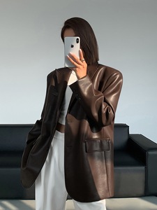 Manteau Streetwear Vintage Automne Hiver <span class=keywords><strong>en</strong></span> Faux Cuir, Longues Manches, Veste Décontractée à Revers et Boutonnage Simple <span class=keywords><strong>pour</strong></span> <span class=keywords><strong>Femme</strong></span> - Product Image 5