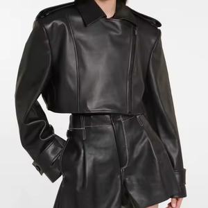 Nueva Llegada, Ropa de Cuero de Alta Calidad, Chaqueta Holgada de Color Sólido Estilo Motociclista para Mujer, Conjunto de Cuero con Pantalones Cortos de Cintura Alta - Product Image 3