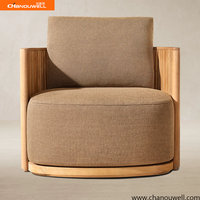 Fauteuil de salon d'extérieur en teck avec structure cannelée, chaise individuelle en tissu d'extérieur pour complexe hôtelier, jardin et zone de loisirs en plein air