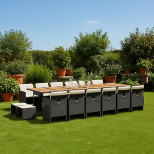Conjunto de Comedor de Jardín de Ratán Negro con Cojines Color Crema, Mesa de Teca para 10 Personas, Muebles de Exterior de Diseño Contemporáneo - Product Image 2