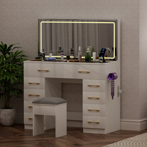 46 "Glass Top Vanity bàn với 10 ngăn kéo trang điểm Vanity với gương và phân, 3 chế độ chiếu sáng bàn trang điểm, ổ cắm điện - Product Image 3