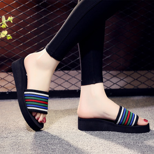 2026 Fashion Summer High Heel Foam Sandals Non-slip Thick Sole Beach Women <b>Slippers</b> Platform Striped Designer <b>Slippers</b> for Women - Product Image 5