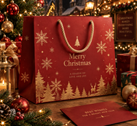 Sac cadeau en papier kraft rouge recyclable personnalisé avec gaufrage en feuille d'or et motif de Noël