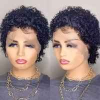 Perruque Lace Frontal Closure wig brésilienne naturelle, cheveux humains vierges, coupe Pixie courte, bouclée, bon marché, perruques pour femmes noires