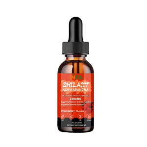 Fabricant de compléments alimentaires, gouttes liquides de Shilajit et d'Ashwagandha au goût fraise, 1400 mg, favorisent la mémoire et les fonctions cérébrales - Product Image 1