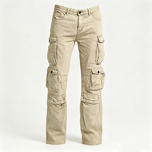 SOONREE Jeans streetwear multi-poches personnalisables de haute qualité, pantalon cargo en denim <span class=keywords><strong>beige</strong></span> délavé à jambes larges pour hommes, OEM - Product Image 1