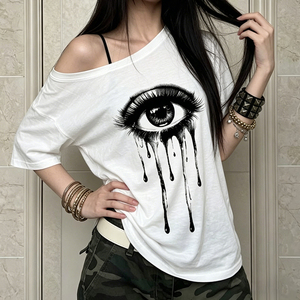 เสื้อครอปแขนสั้นแฟชั่น Y2K ลายตาปีศาจ สีสันตัดกัน ผลิตจากผ้าถัก เป็นมิตรต่อสิ่งแวดล้อม พิมพ์ลายดิจิทัล สไตล์ลำลองสำหรับฤดูร้อน ลดราคาสุดฮอต - Product Image 1