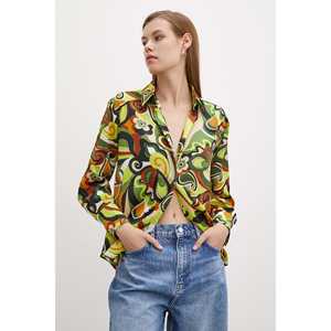 Chemise en satin à motifs marbrés verte, chemisier décontracté boutonné pour femme, imprimé floral, à porter au quotidien - Product Image 6