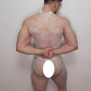 Body sexy en résille pour homme, blanc, jacquard, entrejambe ouvert, une pièce, taille mi-haute, en Spandex et Nylon G043 - Product Image 3