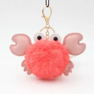 Porte-clés mignon en peluche de crabe en cuir PU personnalisé, jouet en peluche porte-clés mode Pom Pom porte-clés boule de fourrure