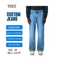 Jeans à jambes larges avec ourlet en panneau, denim OEM, pour hommes, bleu délavé, coupe ample, logo personnalisé, pantalon baggy pour hommes