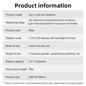 New Arrivals 6 em 1 Portátil Detector de Solo PH Umidade Temp Luz Tester Medidor de Solo Teste para Jardim Fazenda Indoor & Outdoor - Product Image 5