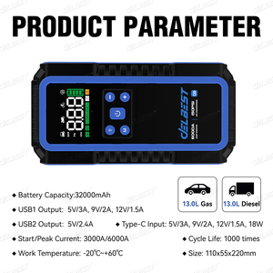 Démarreur de Voiture Haute Capacité avec Gonfleur de Pneu 32000 mAh 13,0 L Essence et 13 L Diesel Taille de l'Appareil Principal 110x55x220 mm - Product Image 2