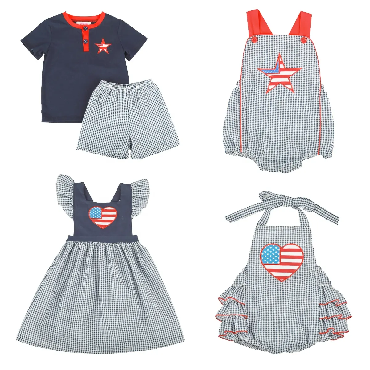 High quality 4th of July Kids Clothing Children Patriotic Appliqued Siblings Set Smocked Dress for Baby Girls