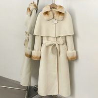 Manteau long en laine double face avec col en fourrure de lapin haut de gamme pour femme, nouvelle collection automne-hiver