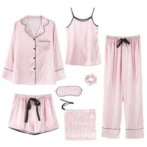 <span class=keywords><strong>Ensemble</strong></span> de pyjama sept pièces en soie simulée à rayures roses pour femmes pour été printemps doux mignon Costume de maison à manches longues par Fury Set - Product Image 1
