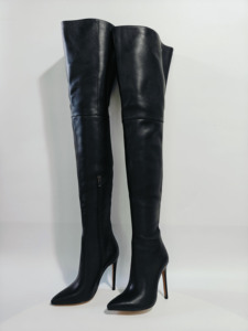 Botas de tacón de aguja plisadas de cuero genuino negro para mujer, personalizadas por fabricantes, sexys, por encima de la rodilla, estilo fetiche - Product Image 3