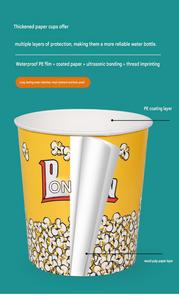 Cubo de papel desechable de 64 oz para palomitas de maíz, de grado alimenticio, moderno, superventas para empaque de snacks en cine. - Product Image 6