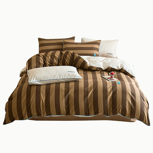 Sovansa Minimalist <b>Striped</b> Cotton <b>Bedding</b> <b>Set</b> 4-Piece Pure Cotton Duvet Cover Sheet Pillowcases Embroidered Reactive Dyeing - Product Image 4
