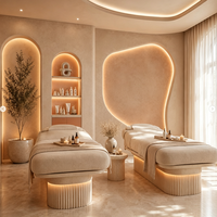 Juego Completo de Equipamiento para Salón de Belleza en Color Crema Cálido con Iluminación LED, Incluye Base y Silla de Estilismo