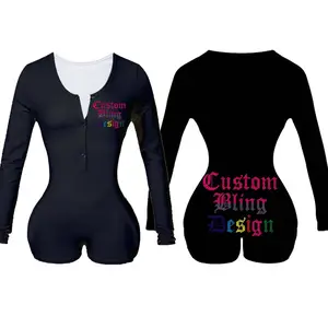 2022 Custom Strass Logo Starke dehnbare Bodycon einfarbige Onesie Shorts Stram pler Adult Onesie für Frauen Pyjamas