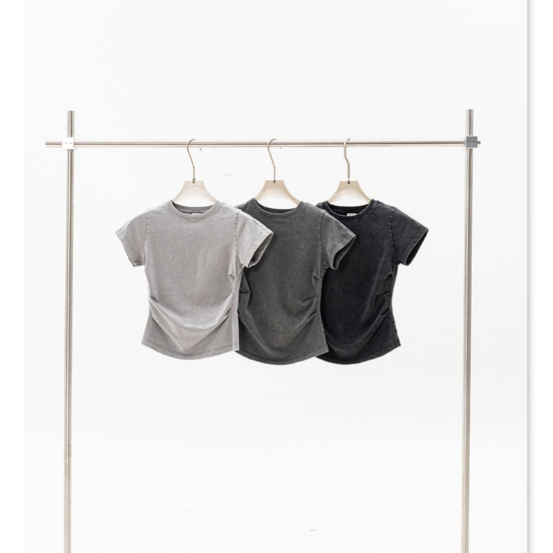 Summer American Style Waist-cinching Slimming Round Neck T-shirt Y2k Sexy Girl Shoulder Wash 285G Short Sleeve