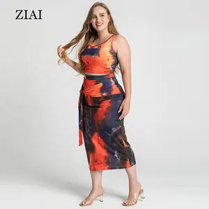 Wholesale new style tight-fitting sexy two-piece tie-dye printing suit with hips and navel, plus size women's clothing
