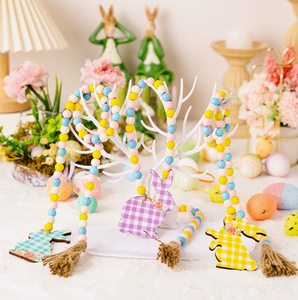 DAMAI Wholesale <b>Easter</b> Decor Wooden <b>Ornaments</b> Plaid Printed Rabbit Hanging With Colorful Beads for Home Party Mall Supplies - Product Image 2