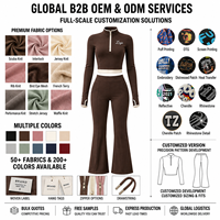 Ensemble de yoga personnalisé OEM avec logo, pantalon évasé, haut court zippé, pantalon pattes d'éléphant, tenue de sport deux pièces marron athleisure extensible