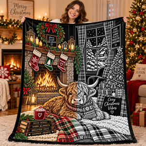 Manta de Peluche para Colorear DIY con Diseño de Vaca Highland Navideña y Patrón Festivo, con Diseño de Chimenea Acogedora para Uso Doméstico - Product Image 4