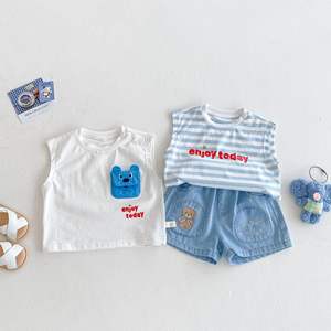 Ensemble bébé en denim avec <span class=keywords><strong>petit</strong></span> ours brodé pour filles, t-shirt imprimé tendance pour garçons et filles, <span class=keywords><strong>gilet</strong></span> rayé en coton pour enfants, été - Product Image 2