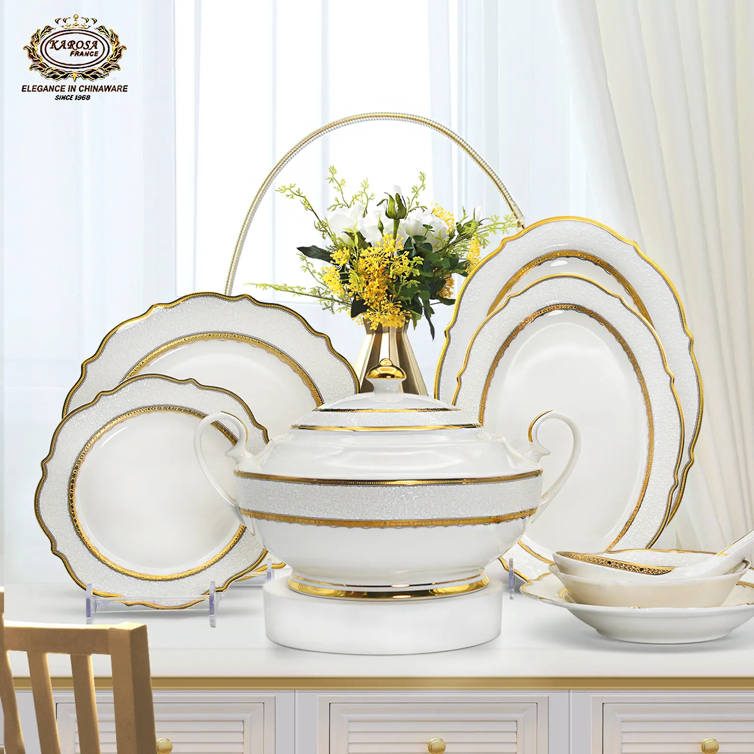 98pcs white color European style embossed gold custom quantity luxury tableware dinner set