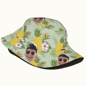 Custom Unisex Summer Bucket <b>Hat</b> with Tropical Pineapple Flower Pattern Personalized Cartoon Face Design Breathable Travel Cap - Product Image 1