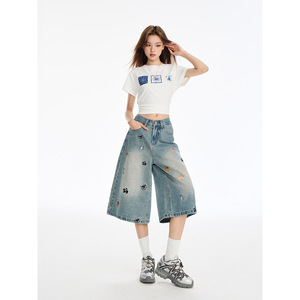 กางเกงยีนส์ขาสั้นสีน้ำเงินสไตล์อเมริกันเรโทรสำหรับผู้หญิง ลายปักลูกสุนัขสุดน่ารัก ทรงสกินนี่ กระดุมผ่าหน้า เอวสูง ความยาวปานกลาง เหมาะสำหรับฤดูร้อน - Product Image 6