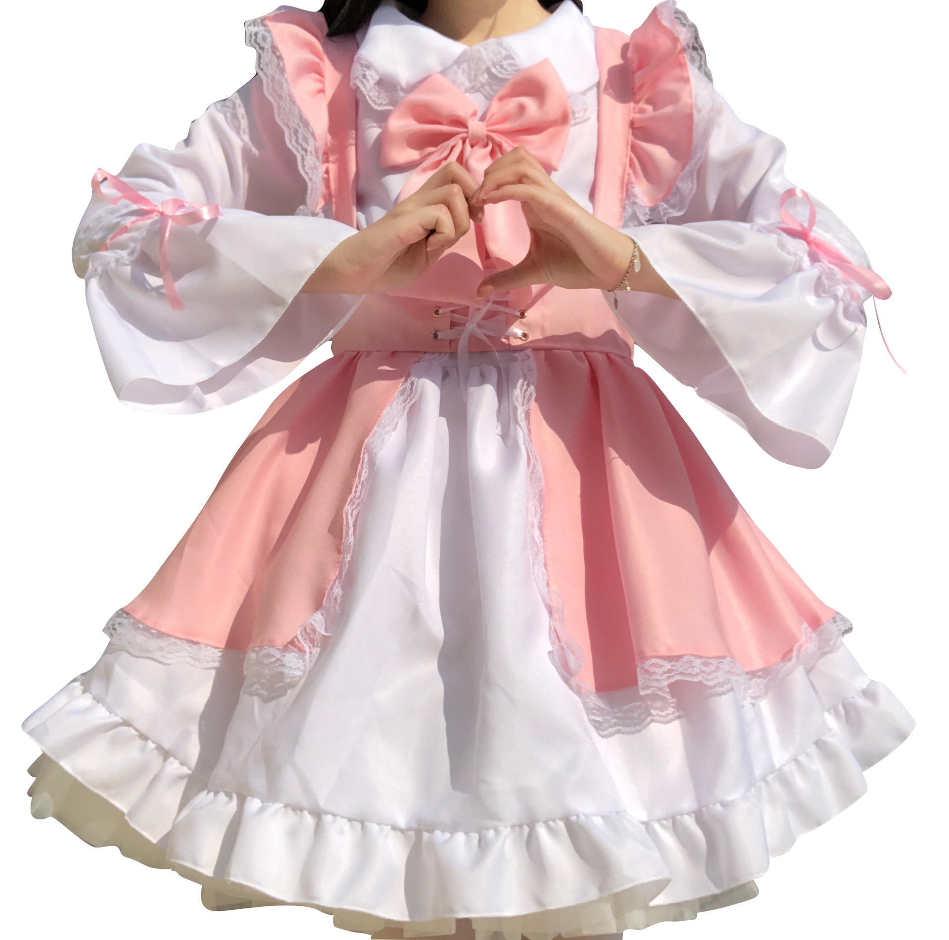 strapless open back dress Lolita Cosplay Blue & Pink Lace Ruffled Apron Maid Dress Pink / M