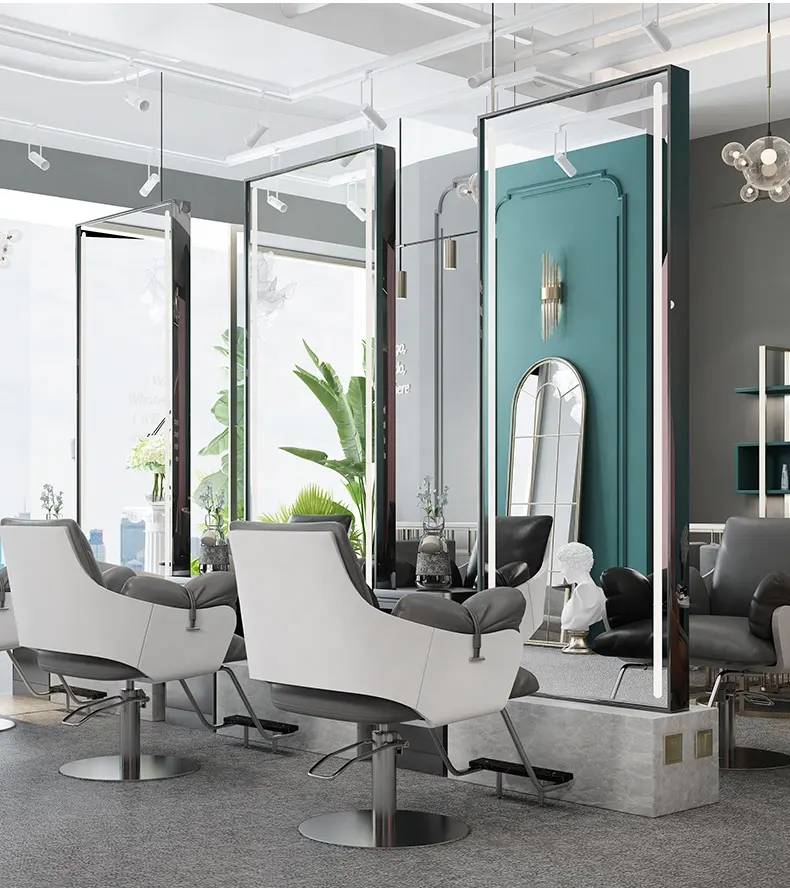 Klassischer heißer Verkauf Salon Friseur Punkt doppelseitiger Spiegel vertikale Edelstahl vergoldete Basis für Bekleidungs geschäft Salon