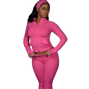 2 Stück Damen Yoga Wear Damen Outfit Jogger Daumenloch Jacke Ausgestellte Hose Zweiteilige Trainings sets für Frauen mit Stirnbändern - Product Image 6