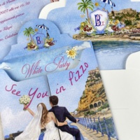 Suite d'invitations de mariage de luxe en papier texturé bleu et blanc style méditerranéen, pochette festonnée, étiquettes découpées, impression illustrée personnalisée